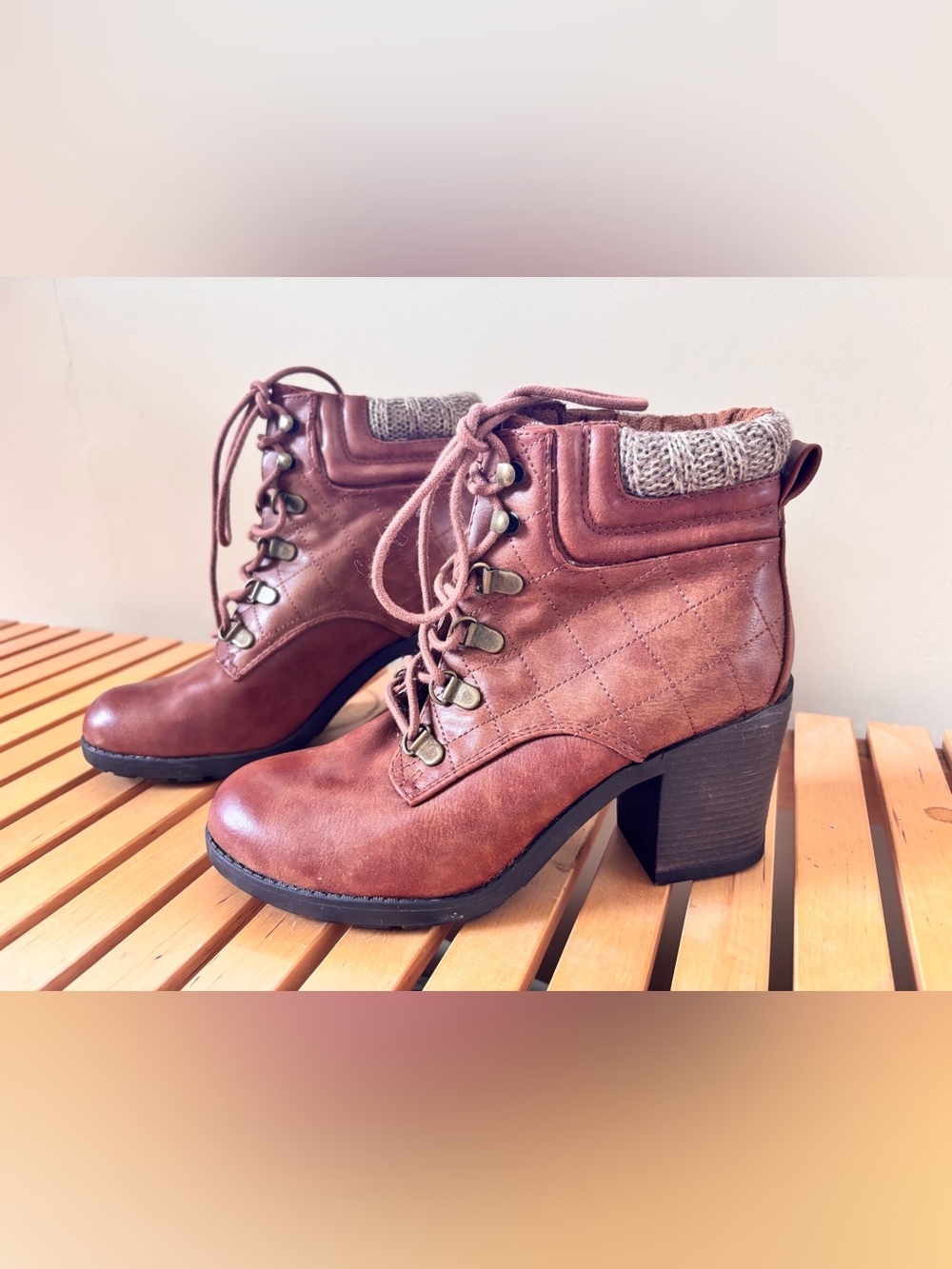 Women's Brown Quilted Lace-Up Ankle Boots